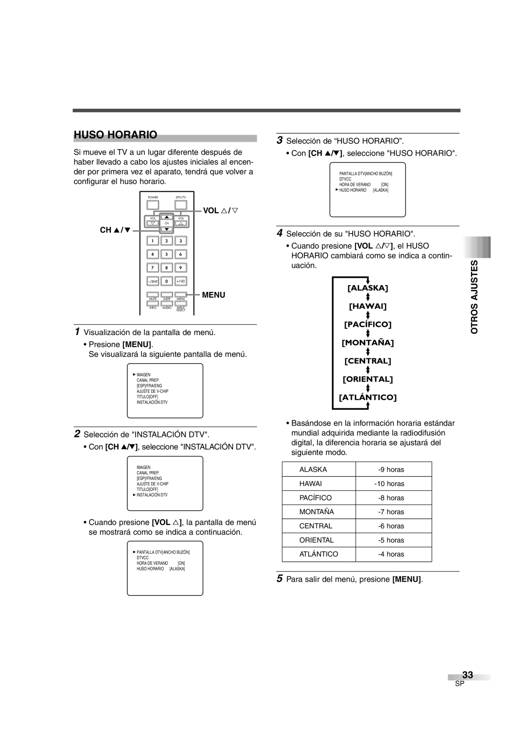 FUNAI IWF2706 owner manual Huso Horario, Uación. Ajustes Otros 