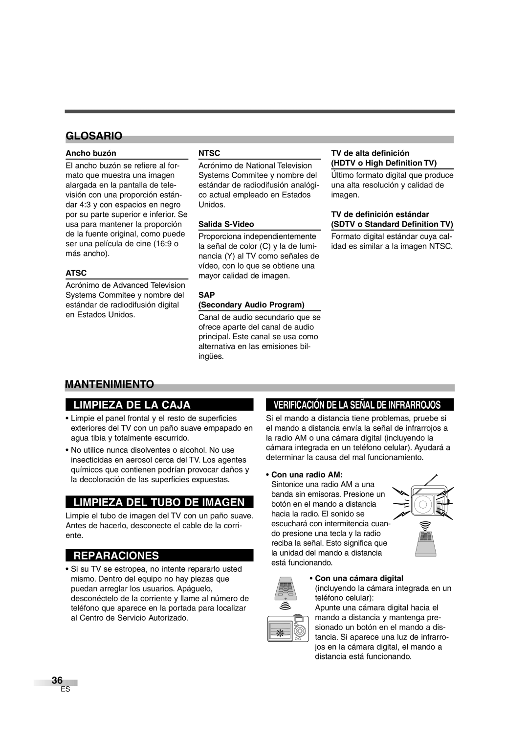 FUNAI IWF2706 owner manual Glosario, Mantenimiento 