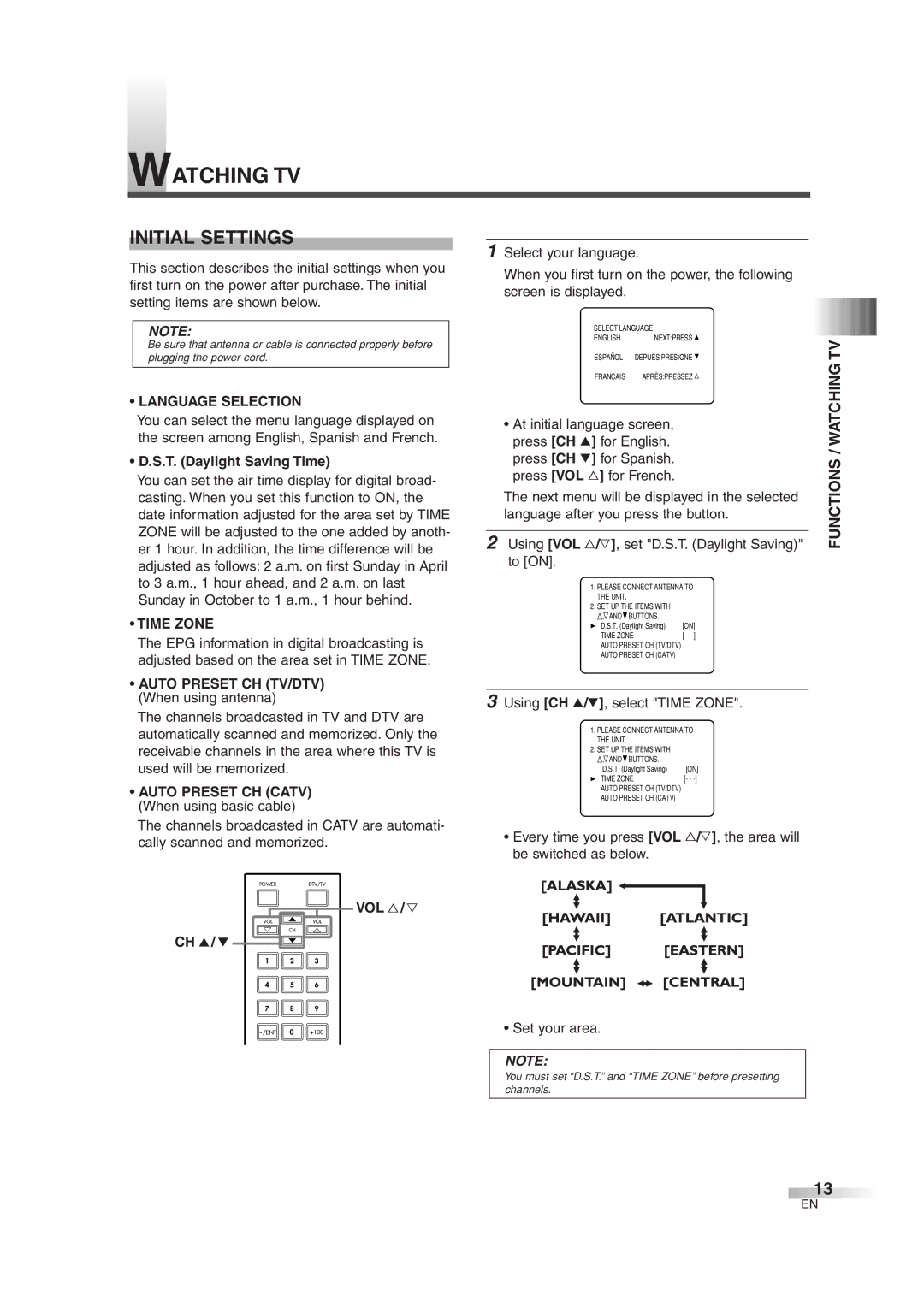 FUNAI IWT3206 owner manual Watching TV, Initial Settings 