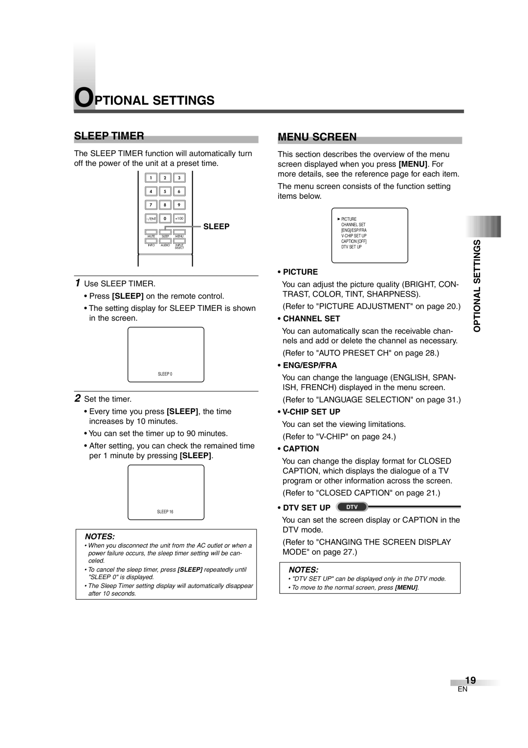 FUNAI IWT3206 owner manual Optional Settings, Sleep Timer, Menu Screen 