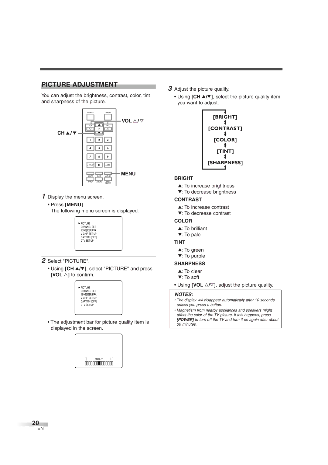 FUNAI IWT3206 owner manual Picture Adjustment 