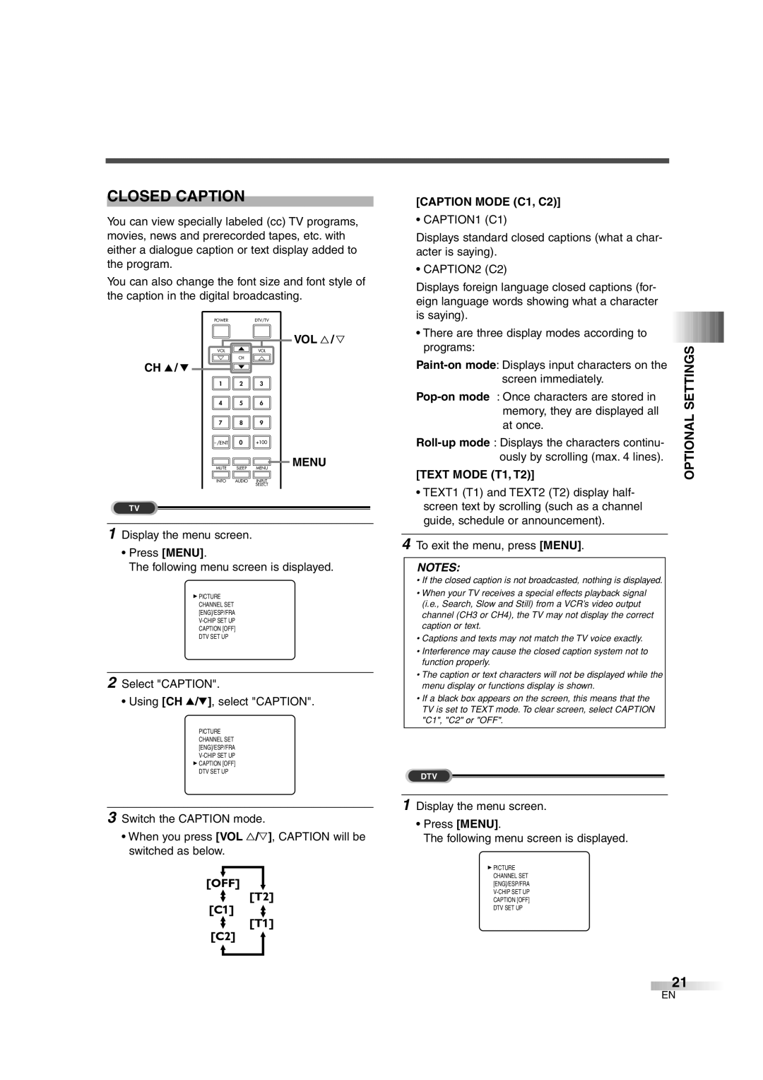 FUNAI IWT3206 owner manual Closed Caption, Caption Mode C1, C2, CAPTION1 C1, CAPTION2 C2, Text Mode T1, T2 