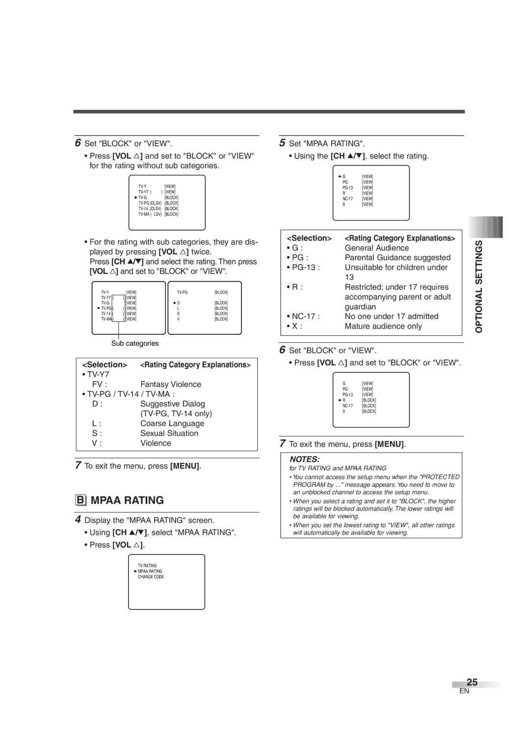 FUNAI IWT3206 owner manual Set Mpaa Rating Using the CH K/L, select the rating 