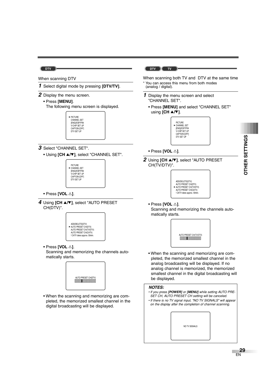 FUNAI IWT3206 Press VOL Using CH K/L, select Auto Preset Chdtv, When scanning both TV and DTV at the same time, Chtv/Dtv 