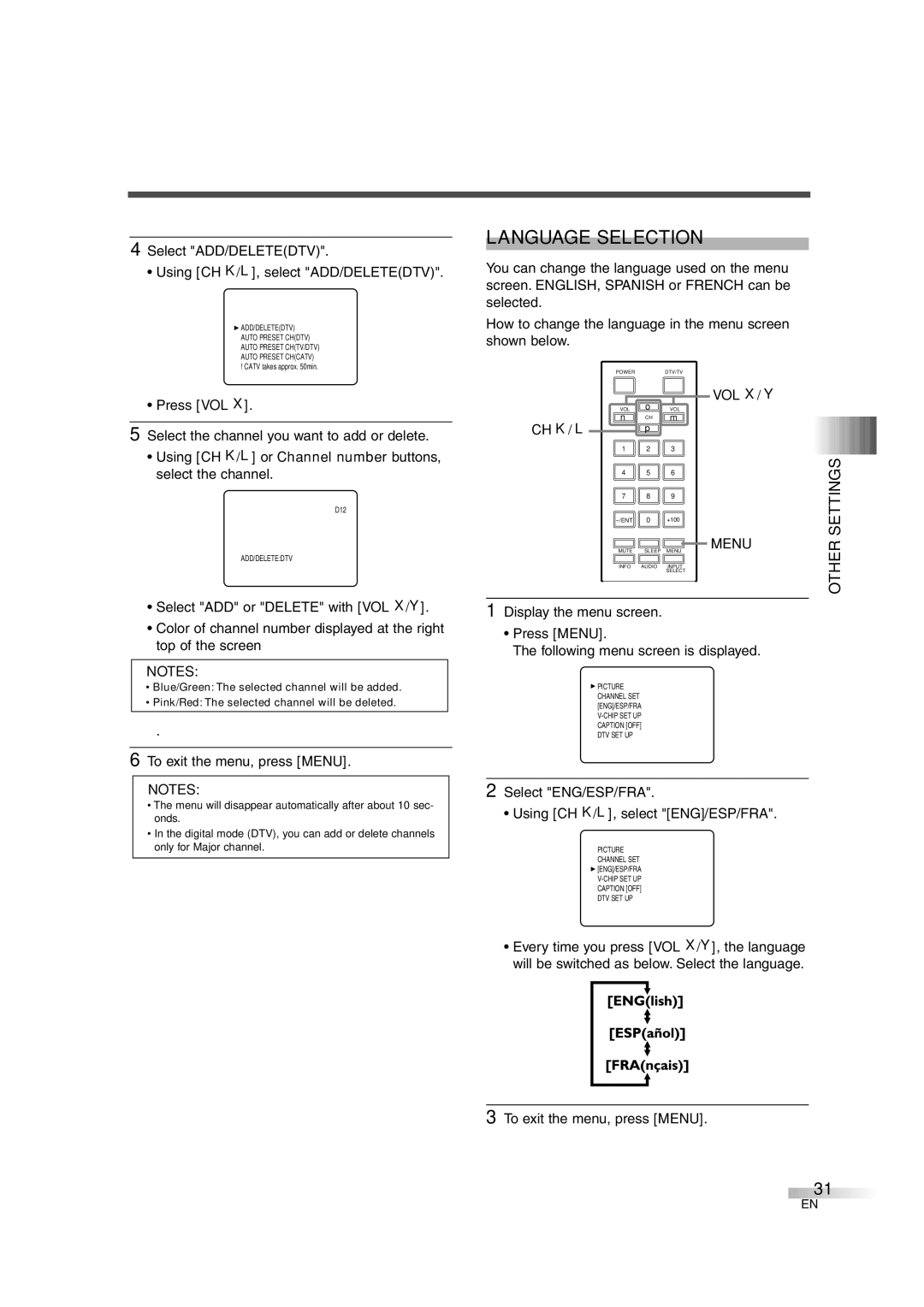 FUNAI IWT3206 owner manual Language Selection, Select ADD/DELETEDTV Using CH K/L, select ADD/DELETEDTV 