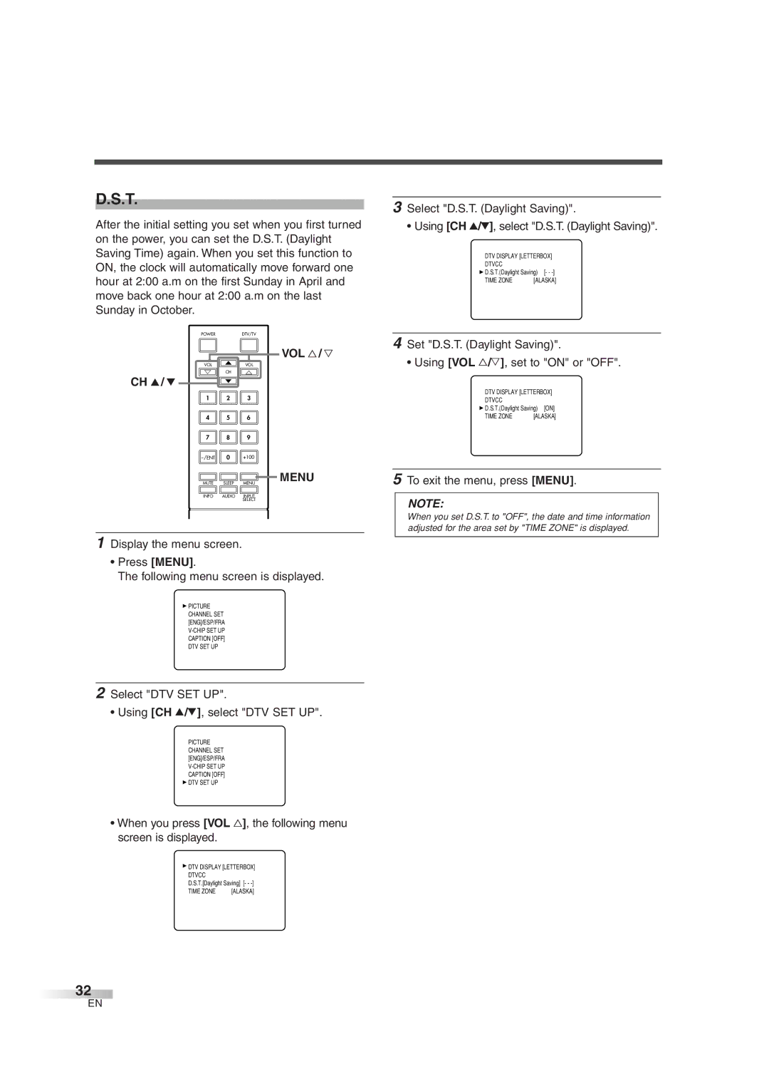 FUNAI IWT3206 owner manual VOL X / Y Menu, Set D.S.T. Daylight Saving Using VOL X/Y, set to on or OFF 