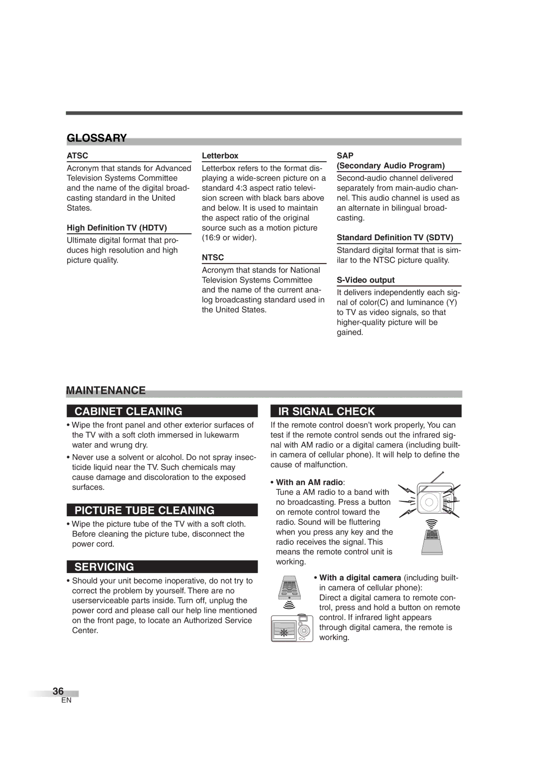 FUNAI IWT3206 owner manual Glossary, Maintenance, Atsc, Ntsc, Sap 