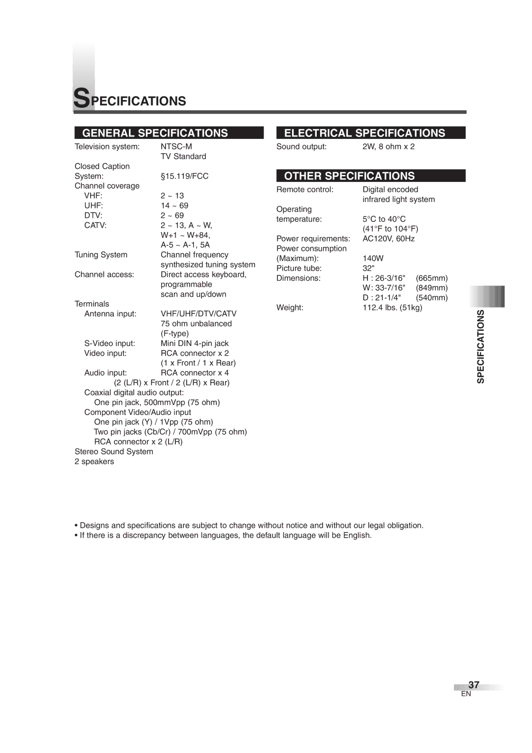 FUNAI IWT3206 owner manual Specifications, Ntsc-M 