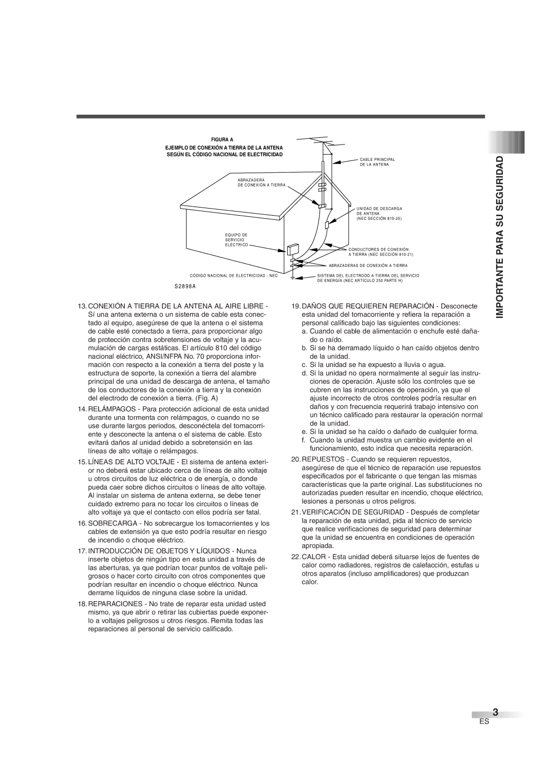 FUNAI IWT3206 owner manual Importante Para SU Seguridad, Según EL Código Nacional DE Electricidad 