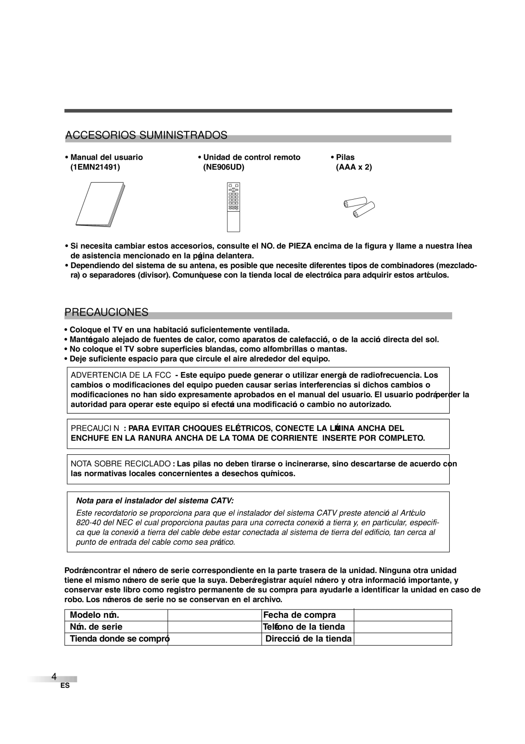 FUNAI IWT3206 owner manual Accesorios Suministrados, Precauciones 