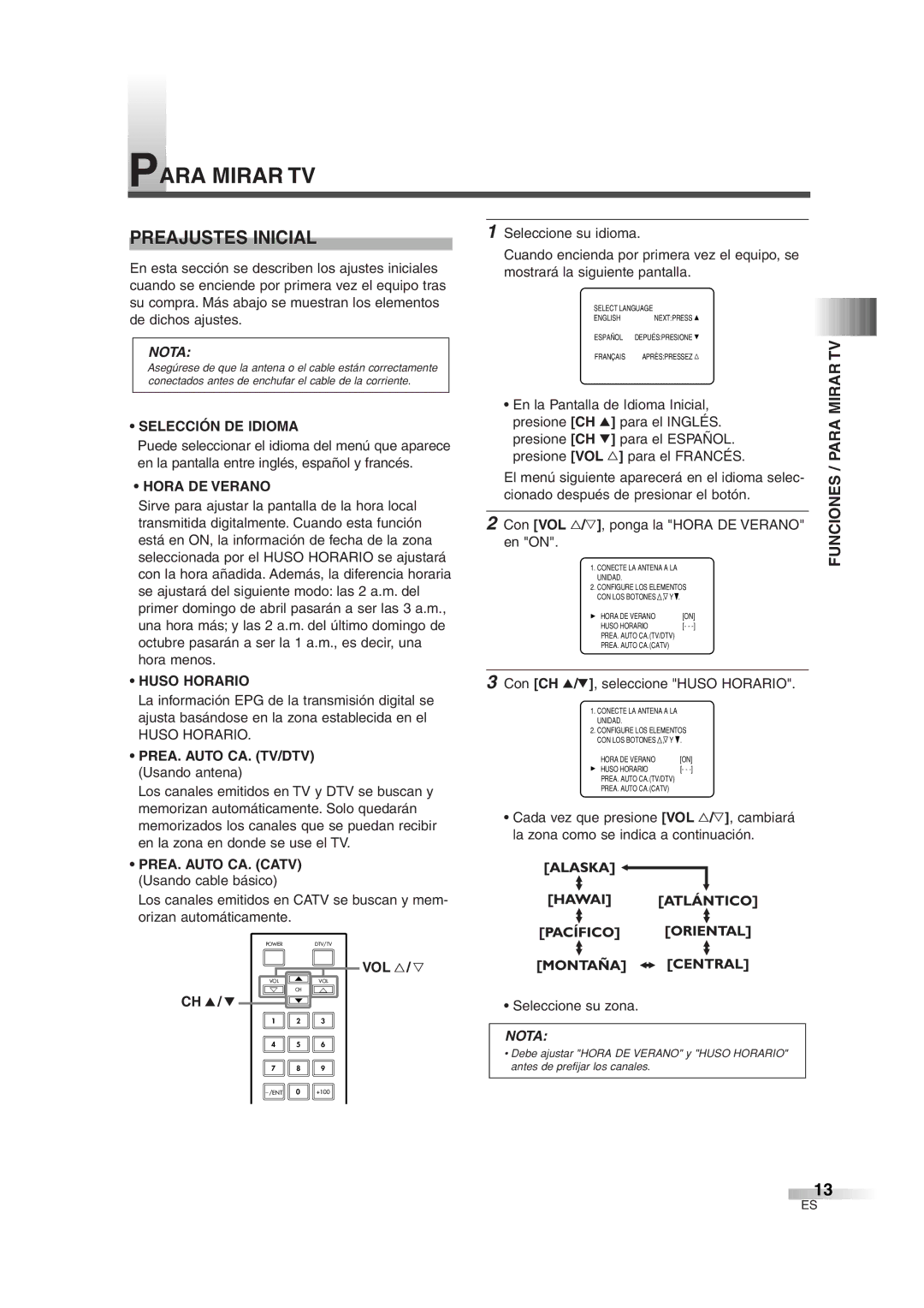 FUNAI IWT3206 owner manual Para Mirar TV, Preajustes Inicial, Funciones / Para 