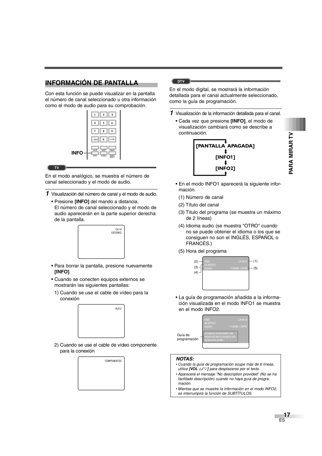 FUNAI IWT3206 Información DE Pantalla, Para Tvmirar, Cuando se use el cable de vídeo componente para la conexión 