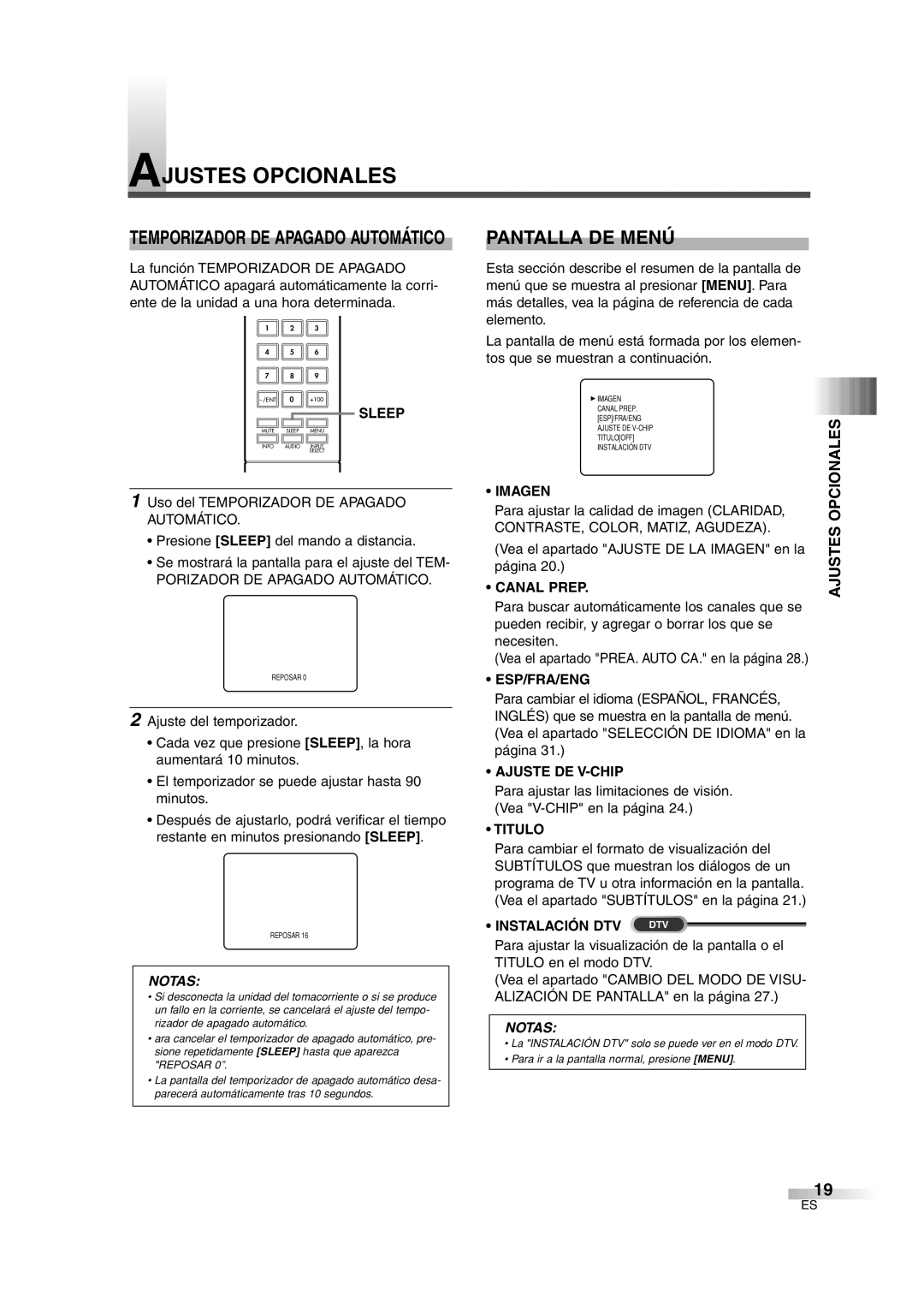 FUNAI IWT3206 owner manual Ajustes Opcionales, Pantalla DE Menú 