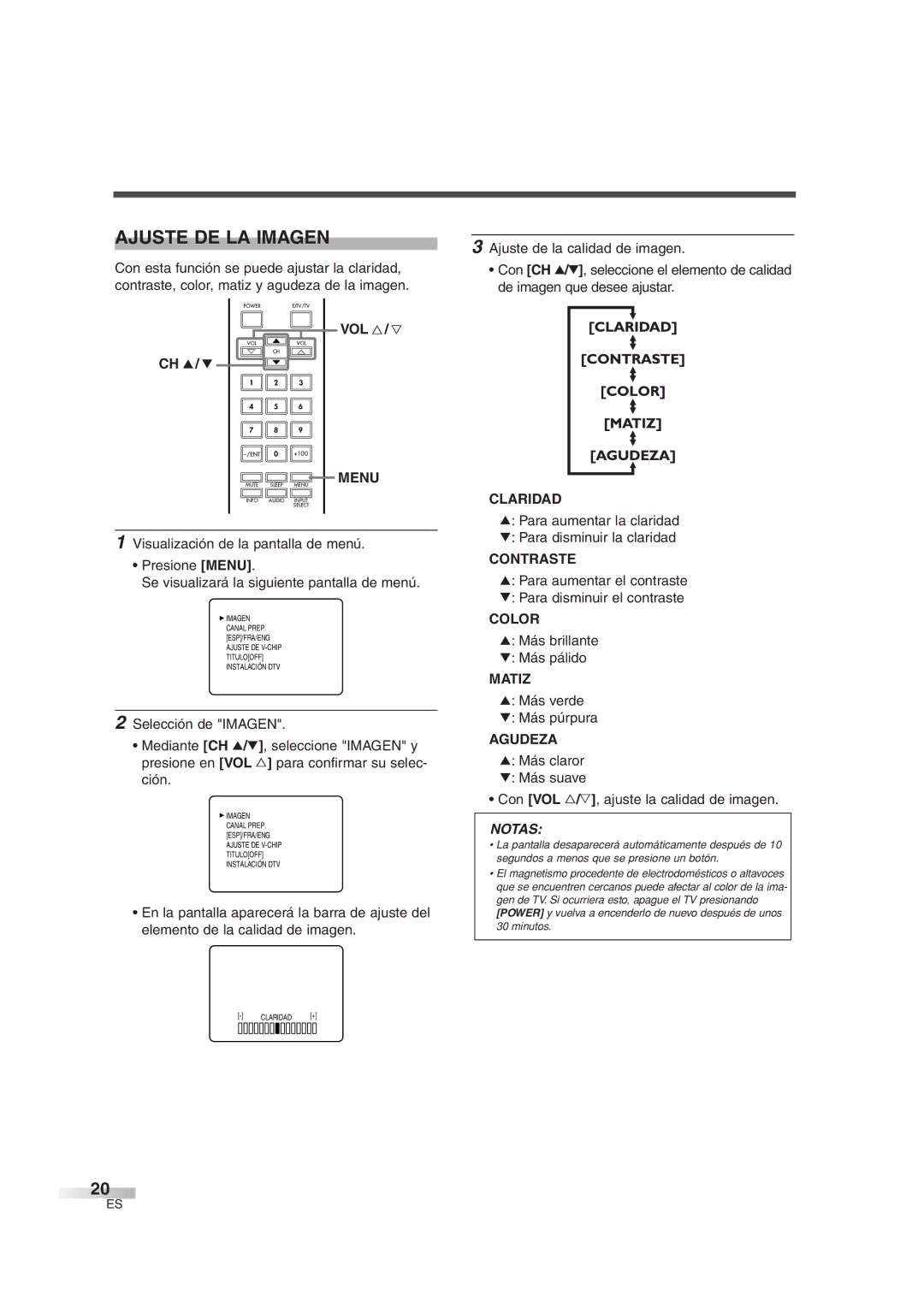 FUNAI IWT3206 owner manual Ajuste DE LA Imagen, Claridad, Contraste, Matiz, Agudeza 