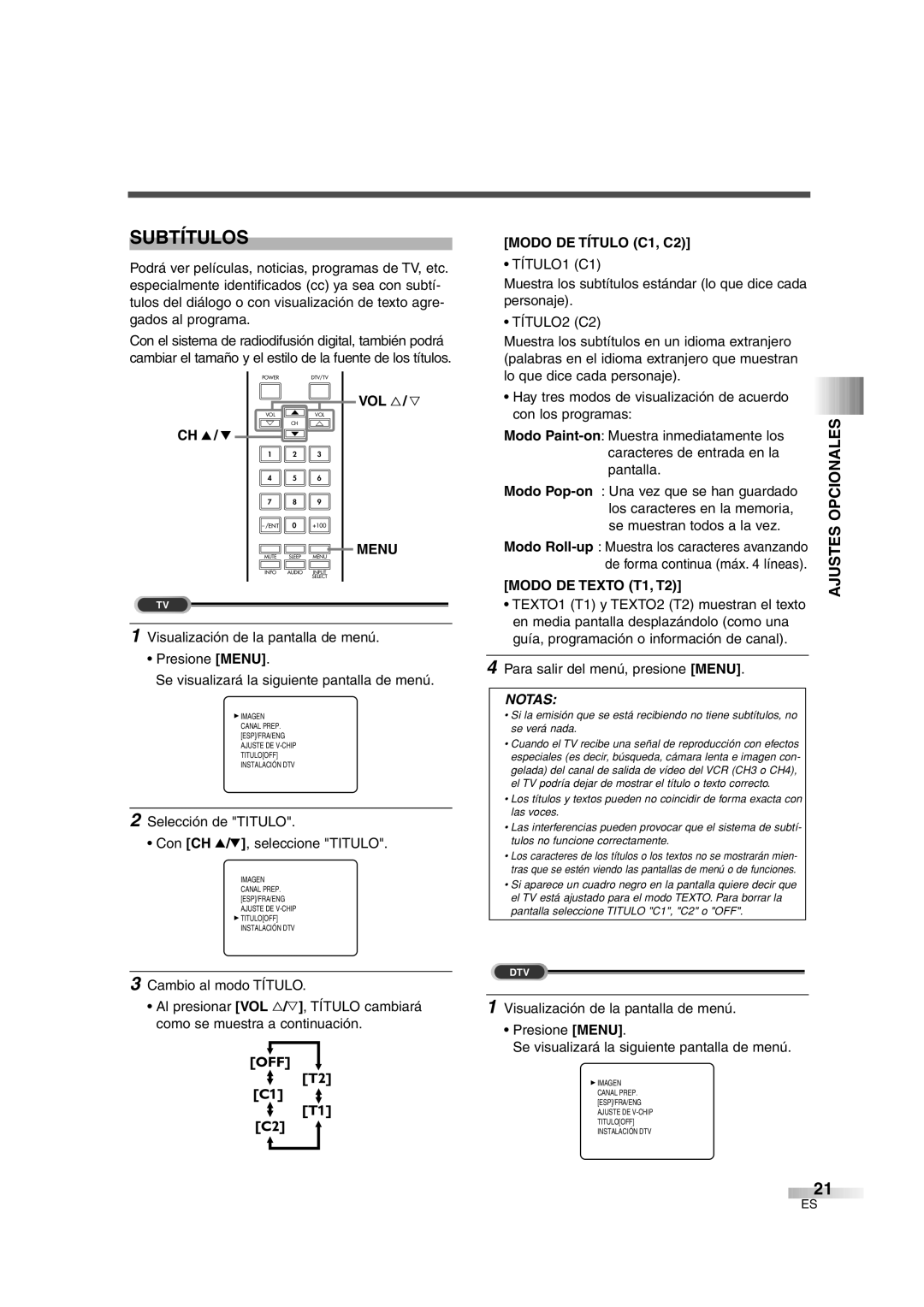 FUNAI IWT3206 owner manual Subtítulos, Modo DE Título C1, C2, Modo DE Texto T1, T2 