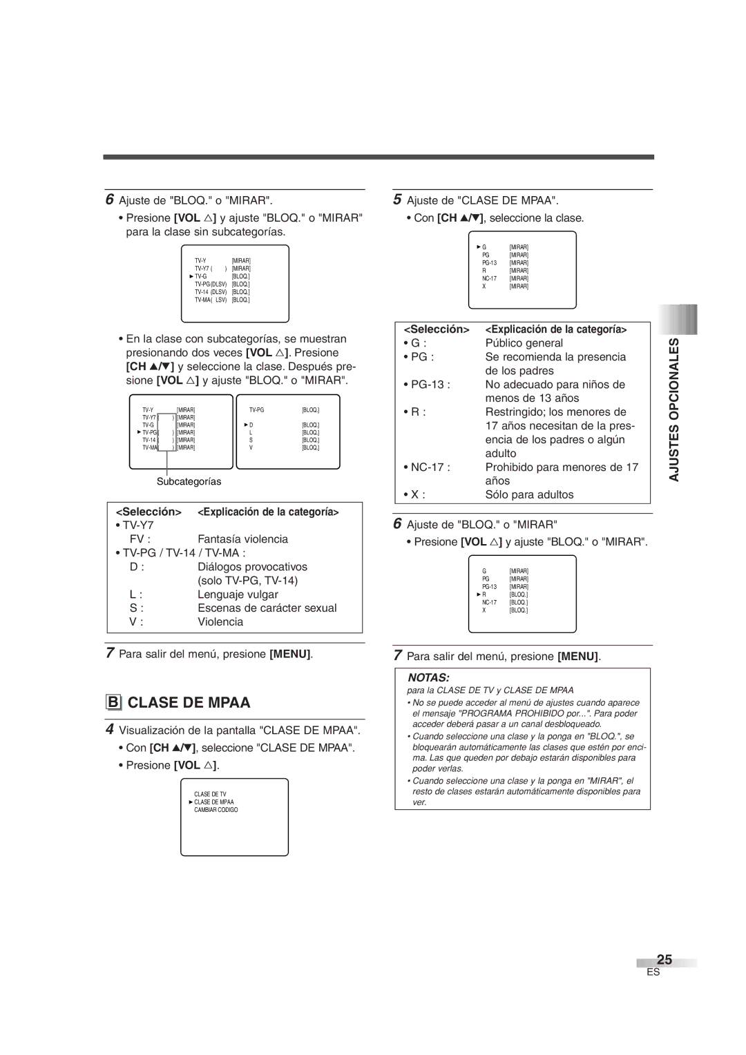 FUNAI IWT3206 owner manual Ajuste de Clase DE Mpaa Con CH K/L, seleccione la clase, Público general 