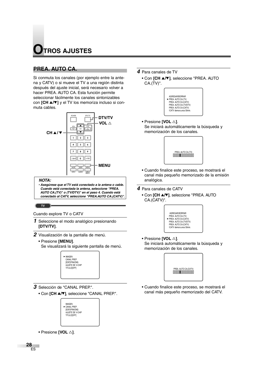 FUNAI IWT3206 owner manual Otros Ajustes, Para canales de TV Con CH K/L, seleccione PREA. Auto CA.TV 