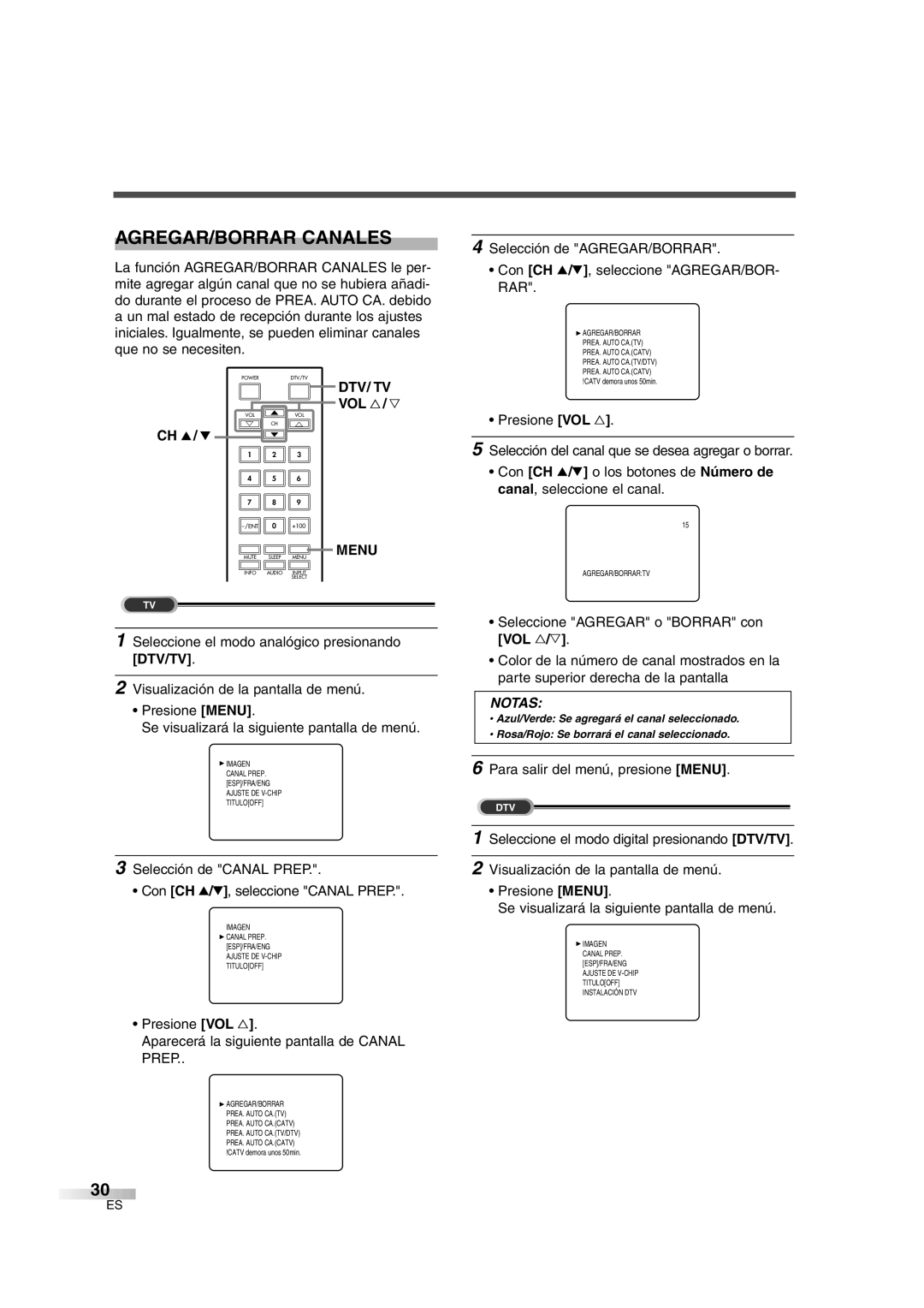 FUNAI IWT3206 owner manual AGREGAR/BORRAR Canales, Presione VOL Aparecerá la siguiente pantalla de Canal Prep 