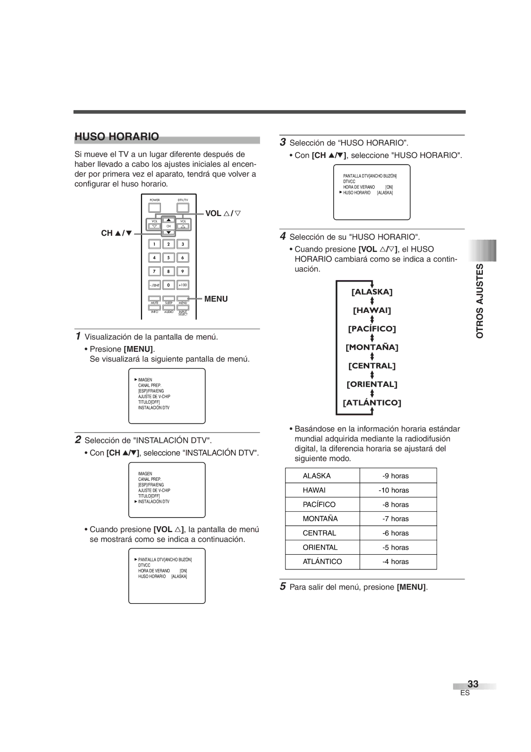 FUNAI IWT3206 owner manual Huso Horario, Uación. Ajustes Otros 