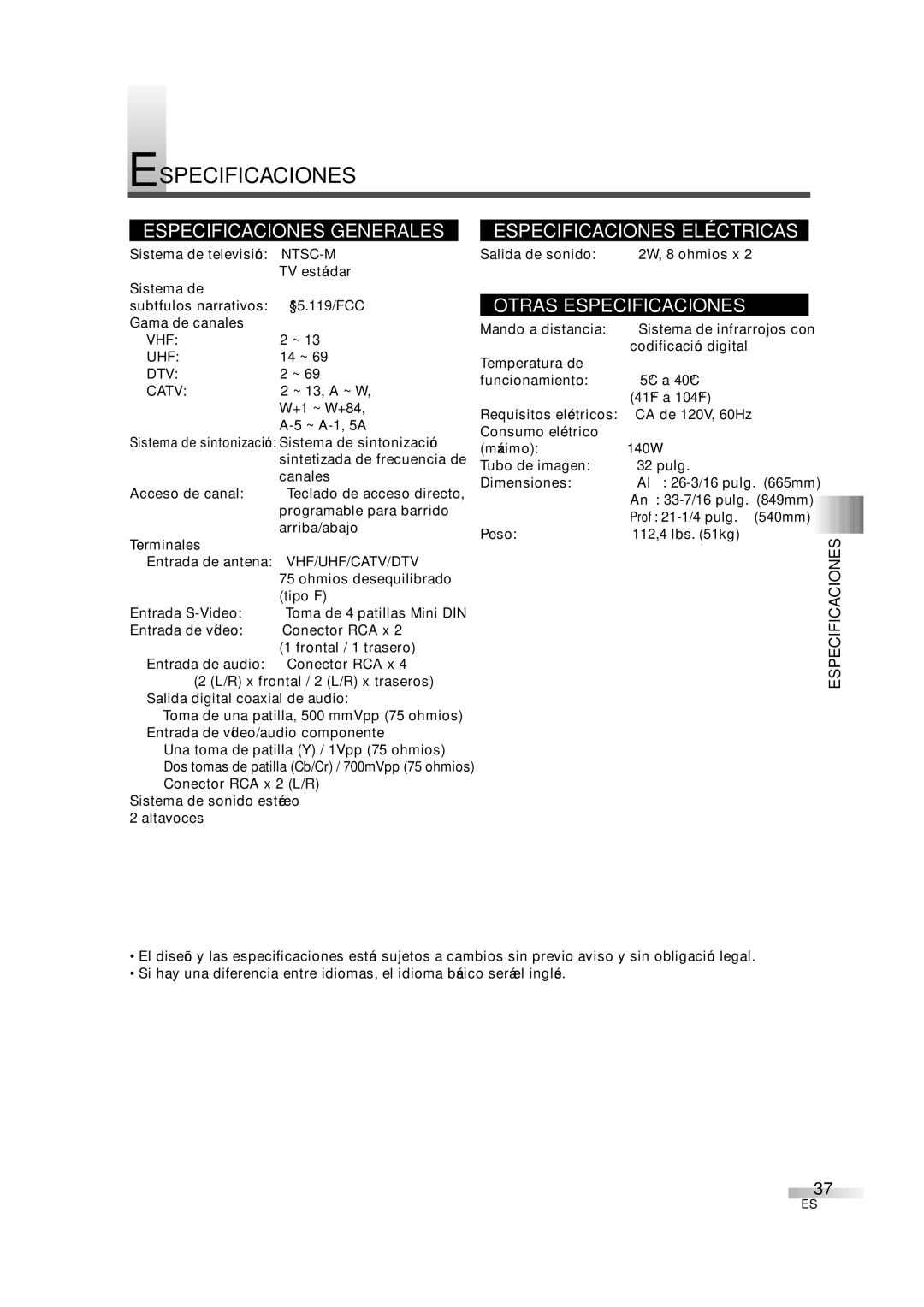 FUNAI IWT3206 owner manual Especificaciones, Vhf Uhf, DTV Catv, Vhf/Uhf/Catv/Dtv 