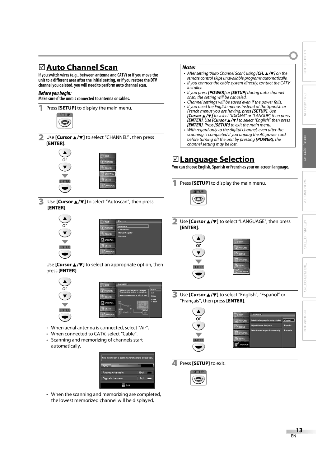 FUNAI LC195EM9 B, LC195EM9 2 5Auto Channel Scan, 5Language Selection, Use Cursor K/L to select Autoscan, then press Enter 