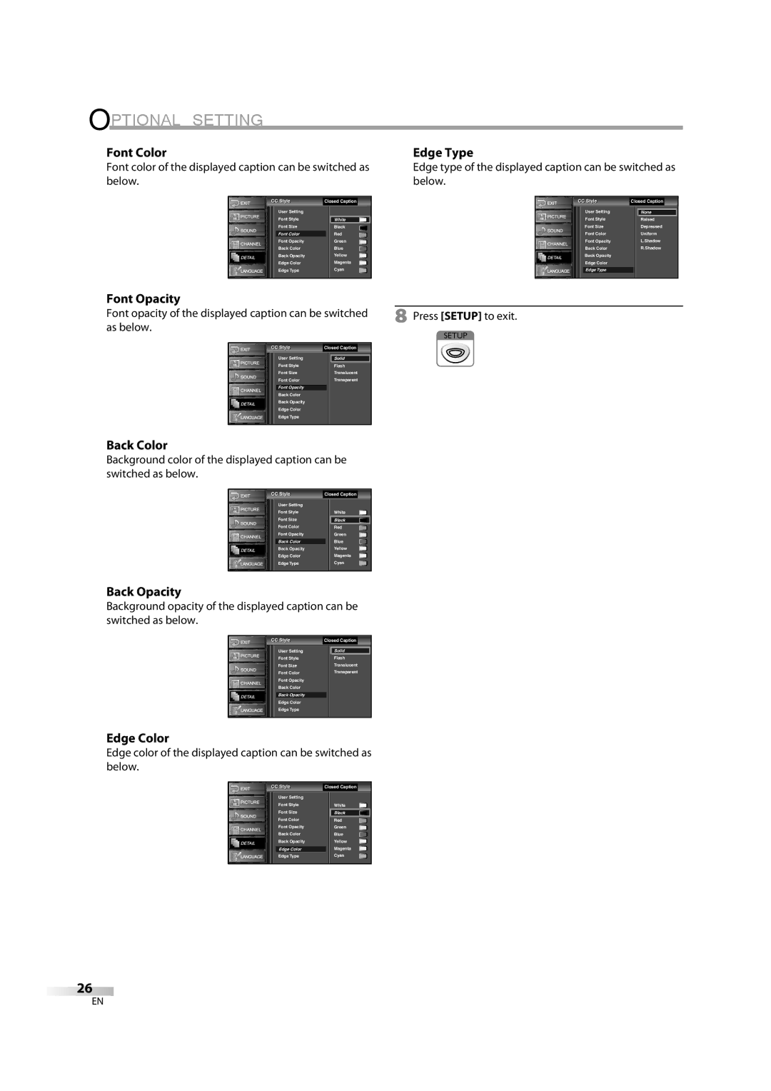 FUNAI LC195EM9 2, LC195EM9 B owner manual Font Color, Edge Type, Back Color, Back Opacity, Edge Color 