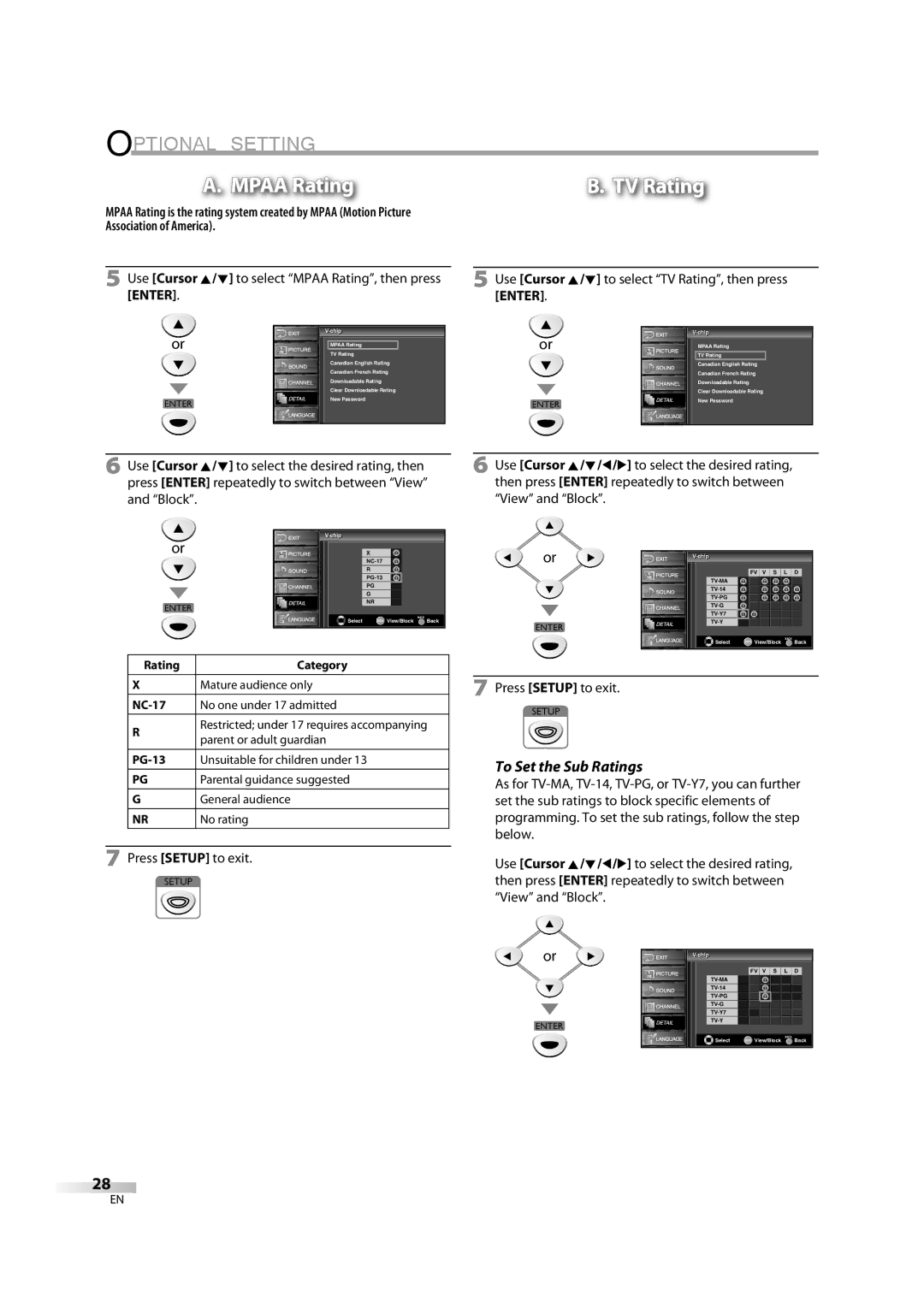 FUNAI LC195EM9 B, LC195EM9 2 To Set the Sub Ratings, Use Cursor K/L to select Mpaa Rating, then press Enter, Chipip 