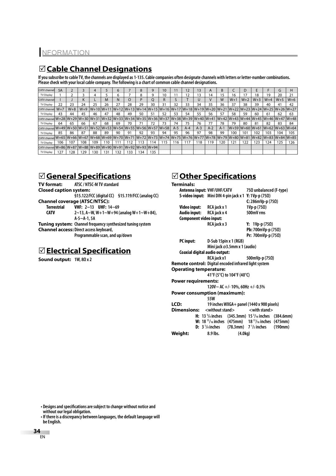 FUNAI LC195EM9 B 5Cable Channel Designations, 5General Specifications, 5Electrical Specification, 5Other Specifications 