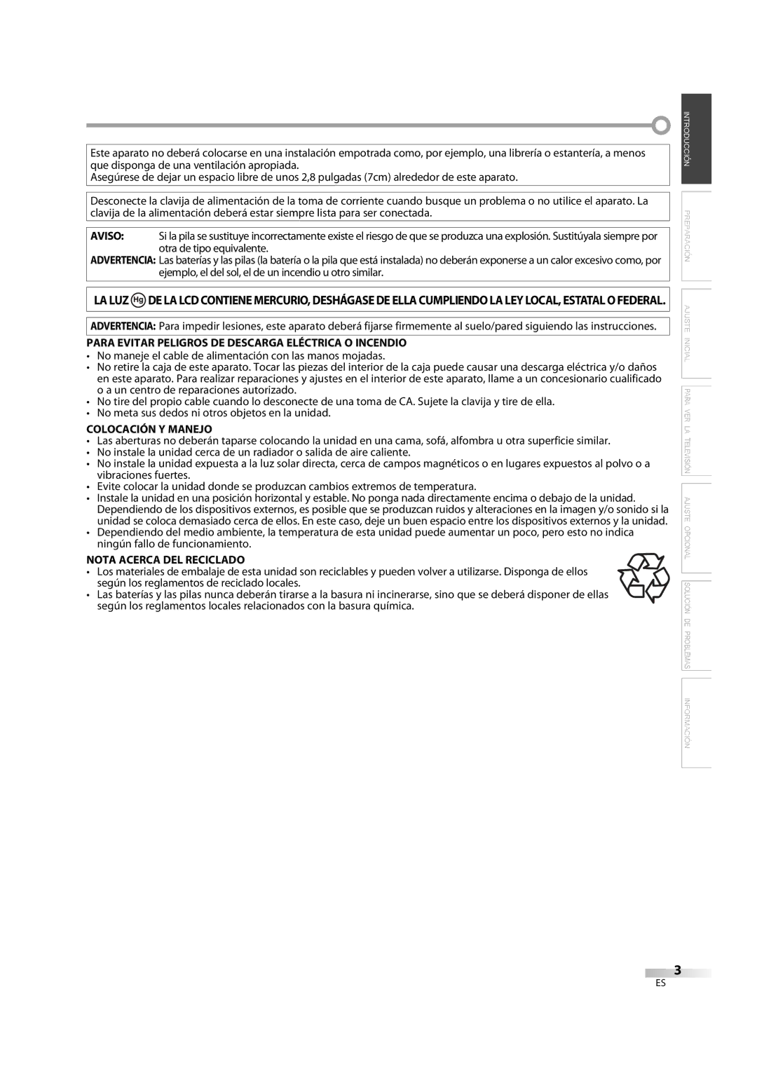 FUNAI LC195EM9 2 Para Evitar Peligros DE Descarga Eléctrica O Incendio, Colocación Y Manejo, Nota Acerca DEL Reciclado 