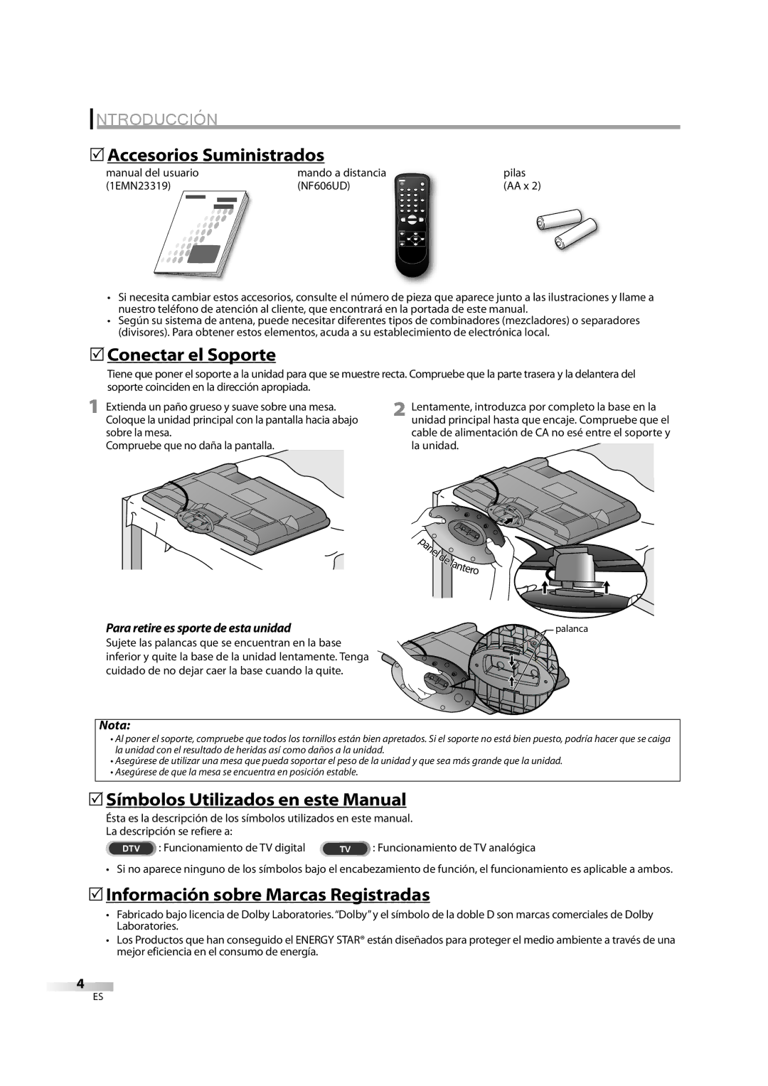 FUNAI LC195EM9 B, LC195EM9 2 5Accesorios Suministrados, 5Conectar el Soporte, 5Símbolos Utilizados en este Manual 