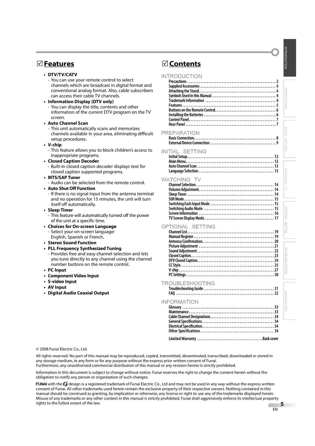 FUNAI LC195EM9 2, LC195EM9 B owner manual Features, Contents, Dtv/Tv/Catv 