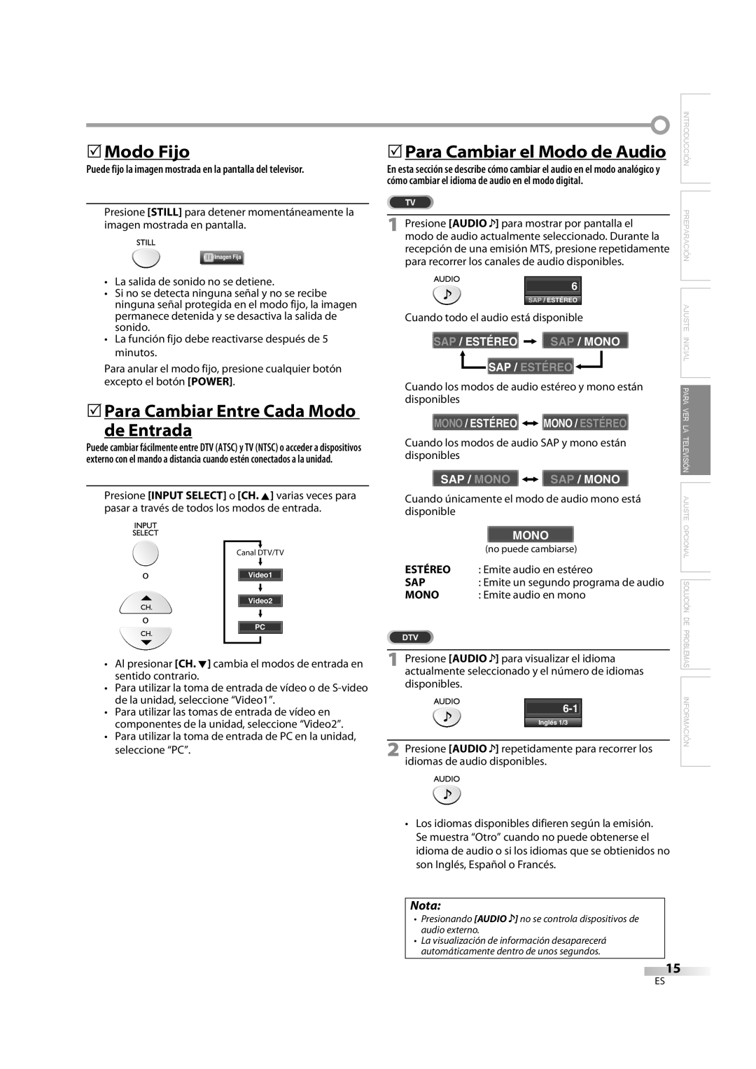 FUNAI LC195EM9 2 5Modo Fijo, 5Para Cambiar Entre Cada Modo de Entrada, Cómo cambiar el idioma de audio en el modo digital 