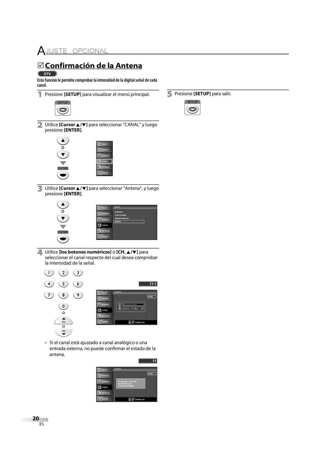FUNAI LC195EM9 2, LC195EM9 B 5Confirmación de la Antena, Canal Presione Setup para visualizar el menú principal 