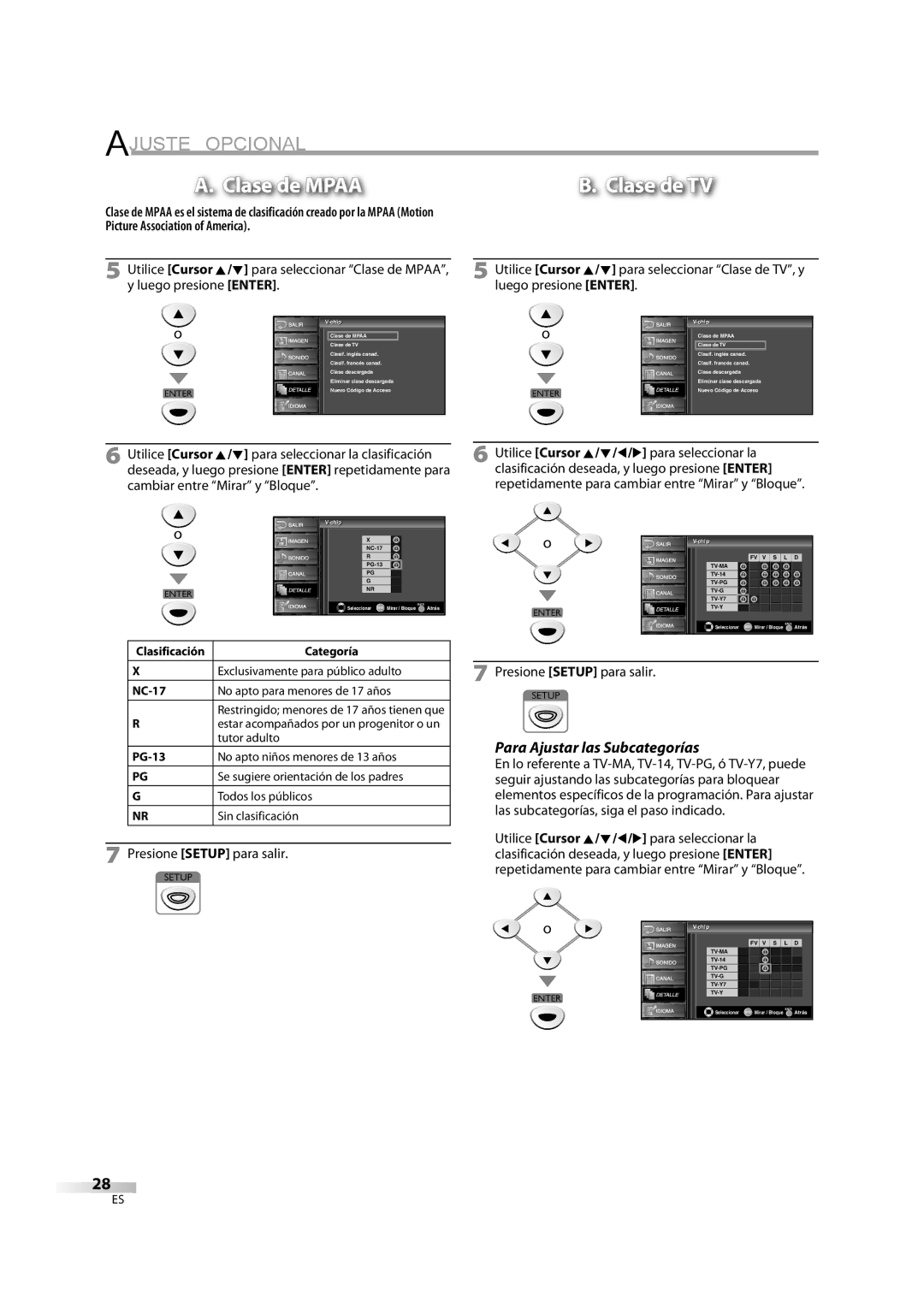 FUNAI LC195EM9 B, LC195EM9 2 owner manual Clase de Mpaa, Para Ajustar las Subcategorías 