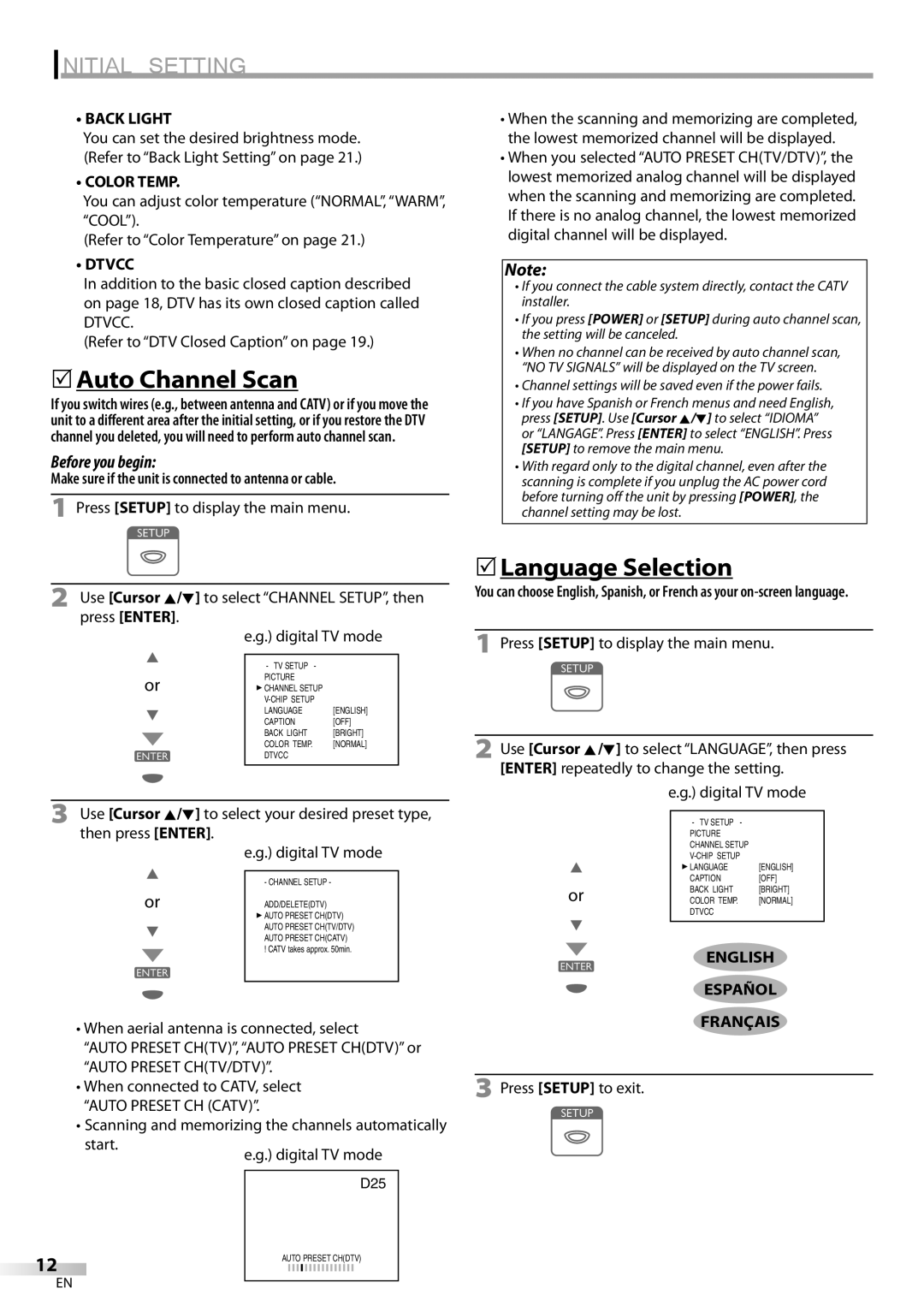 FUNAI LC200EM8G owner manual 5Auto Channel Scan, 5Language Selection 