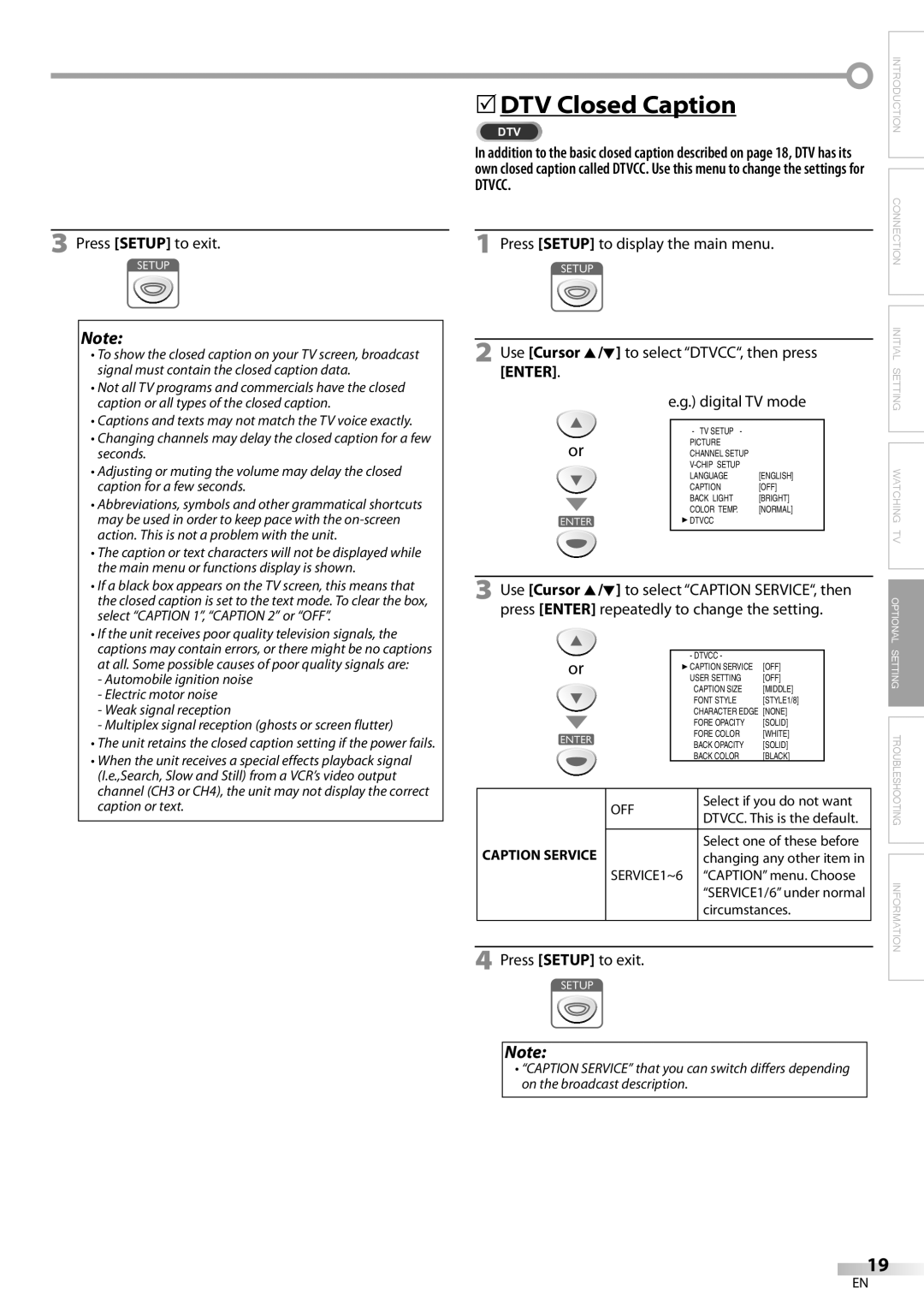 FUNAI LC200EM8G owner manual To select DTVCC, then press, Enter, To select Caption SERVICE, then, Use Cursor 