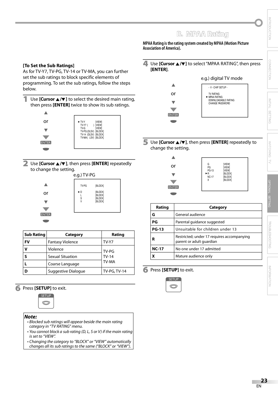 FUNAI LC200EM8 To Set the Sub Ratings, Association of America, To select Mpaa RATING, then press, Change the setting 