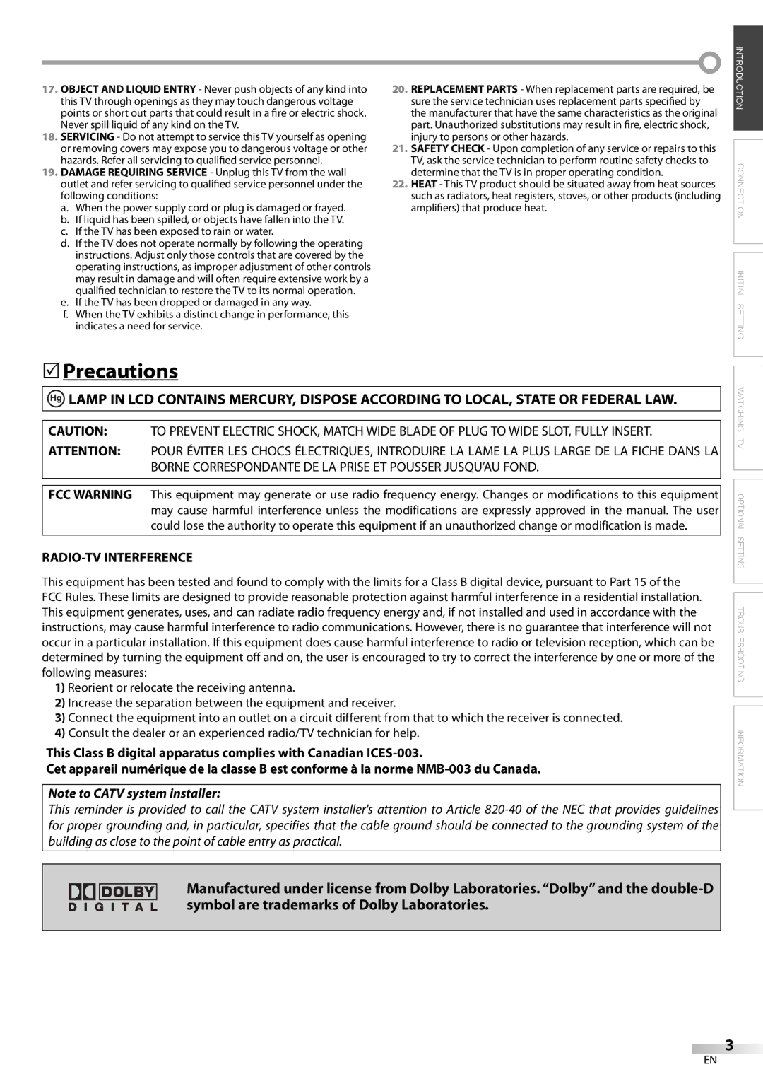 FUNAI LC200EM8G owner manual Precautions, RADIO-TV Interference 