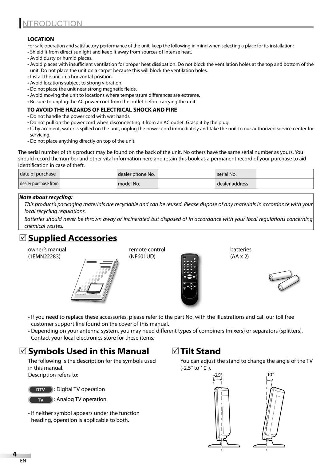 FUNAI LC200EM8G owner manual 5Supplied Accessories, 5Symbols Used in this Manual, 5Tilt Stand, Location 