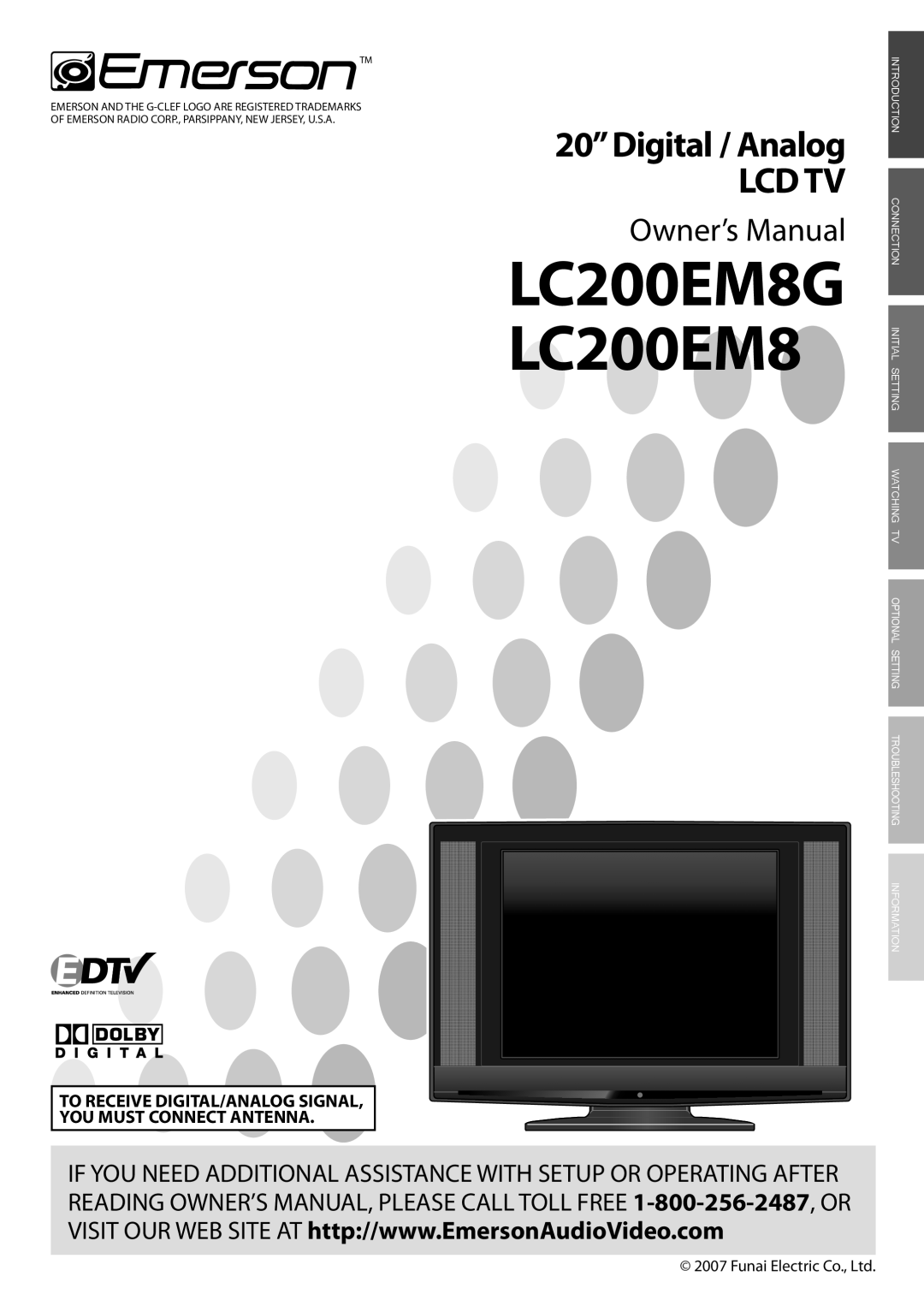 FUNAI owner manual LC200EM8G LC200EM8, 20”Digital / Analog LCD TV, Owner’s Manual 