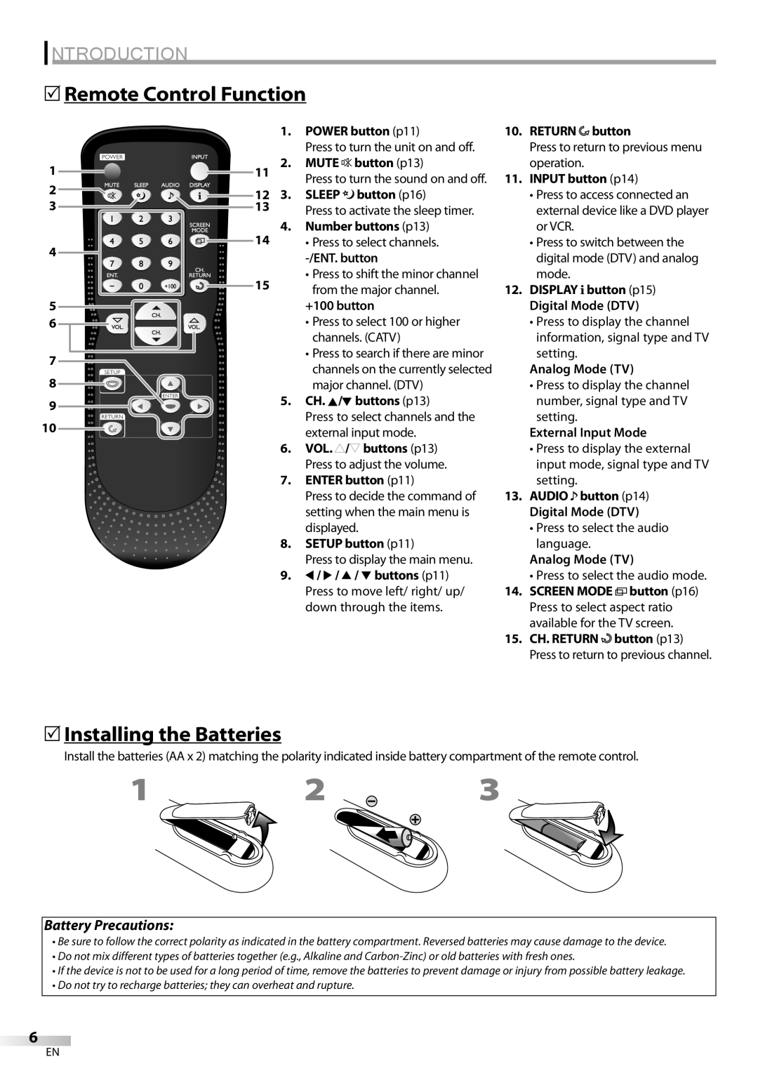 FUNAI LC200EM8G 5Remote Control Function, 5Installing the Batteries, Introduction, Battery Precautions, POWER button p11 
