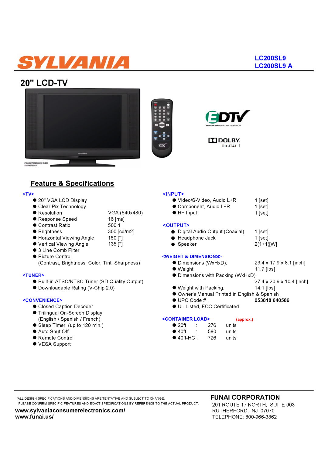 FUNAI specifications Lcd-Tv, Feature & Specifications, LC200SL9 LC200SL9 A, Funai Corporation, Input, Output, 053818 