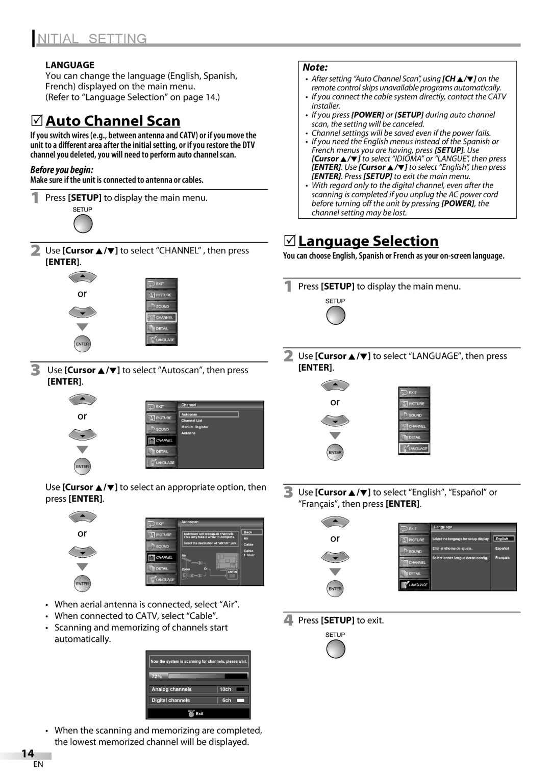 FUNAI LC225SL9 owner manual 5Auto Channel Scan, 5Language Selection, Refer to Language Selection on 