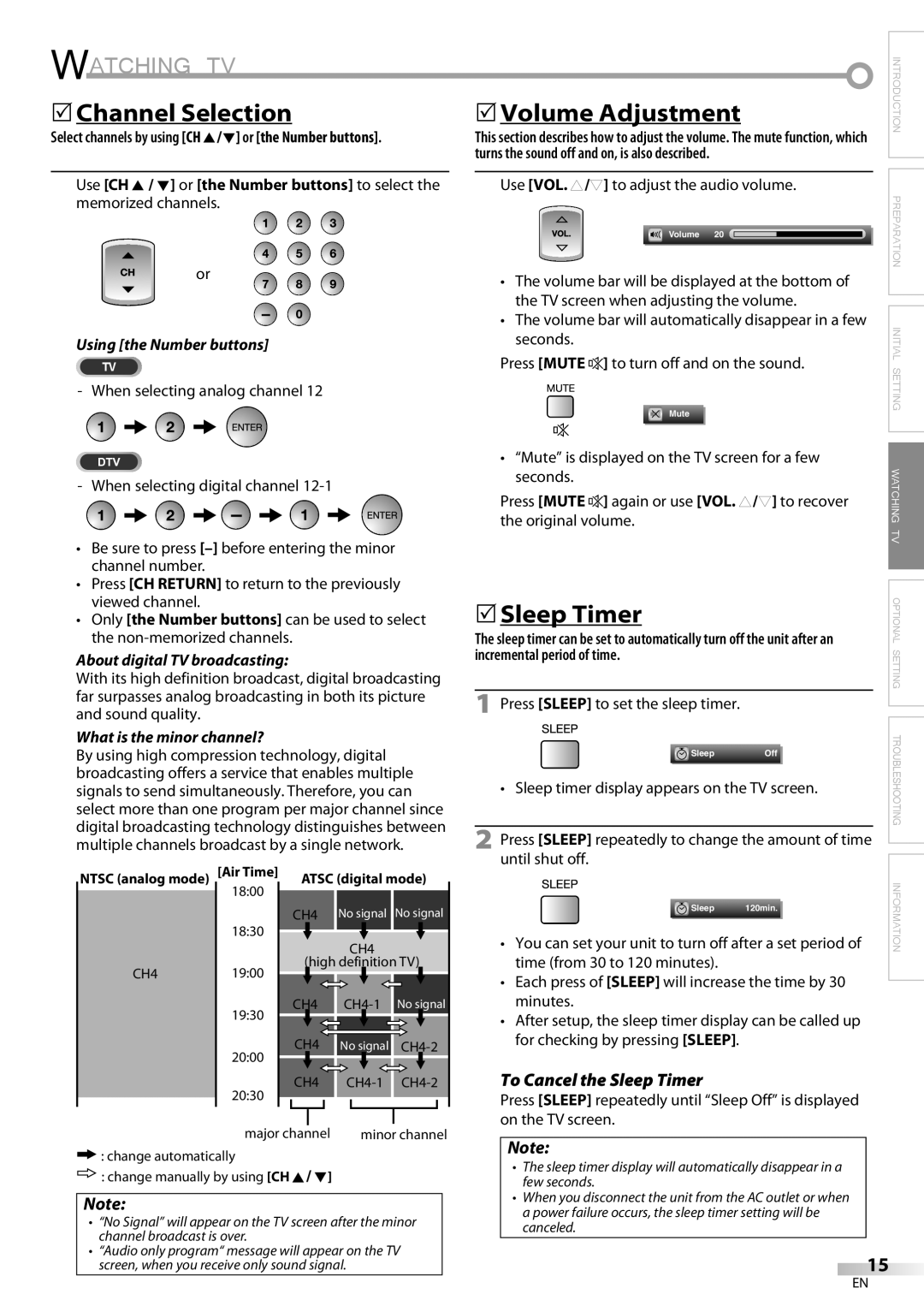 FUNAI LC225SL9 owner manual 5Channel Selection, 5Sleep Timer, To Cancel the Sleep Timer, Incremental period of time 