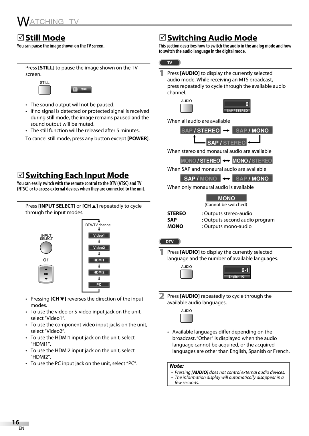 FUNAI LC225SL9 owner manual 5Still Mode, 5Switching Each Input Mode, 5Switching Audio Mode 