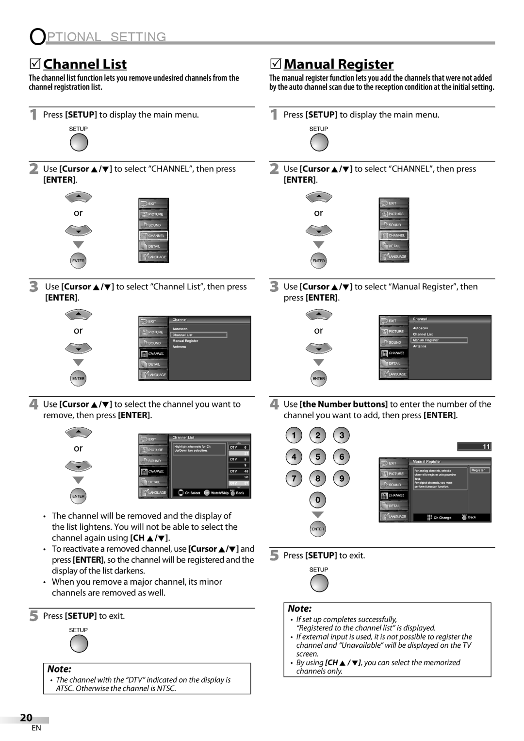 FUNAI LC225SL9 owner manual Optional Setting, 5Channel List, 5Manual Register, Enter 