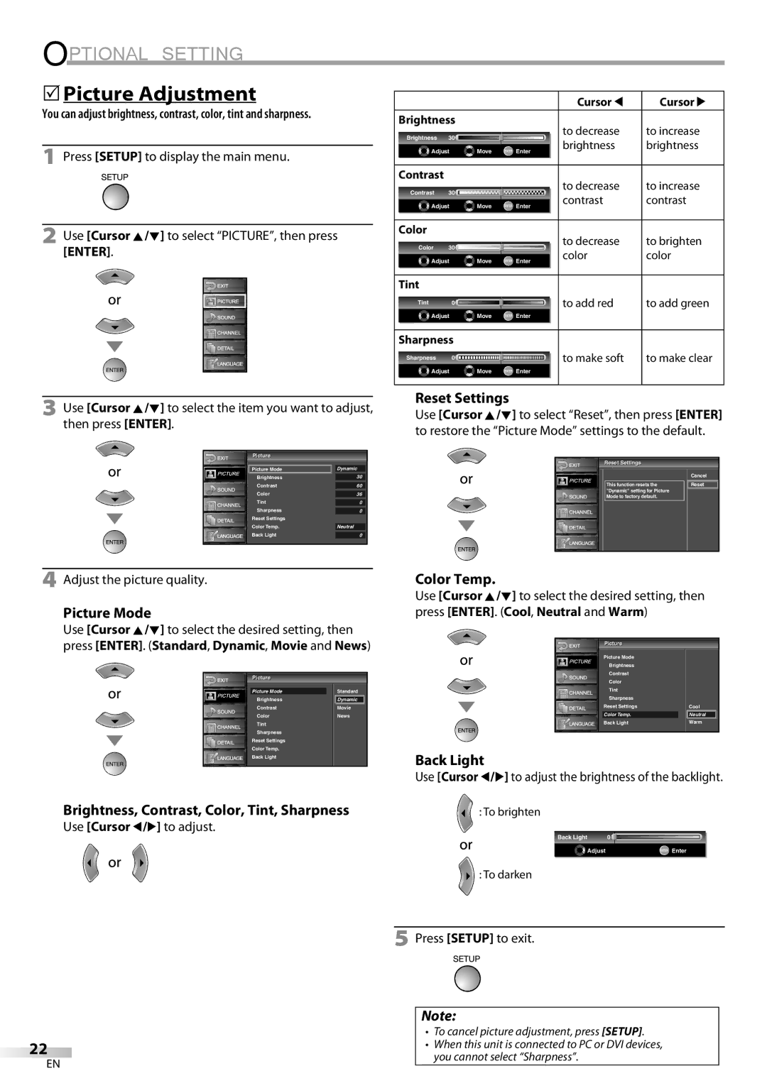 FUNAI LC225SL9 owner manual 5Picture Adjustment 