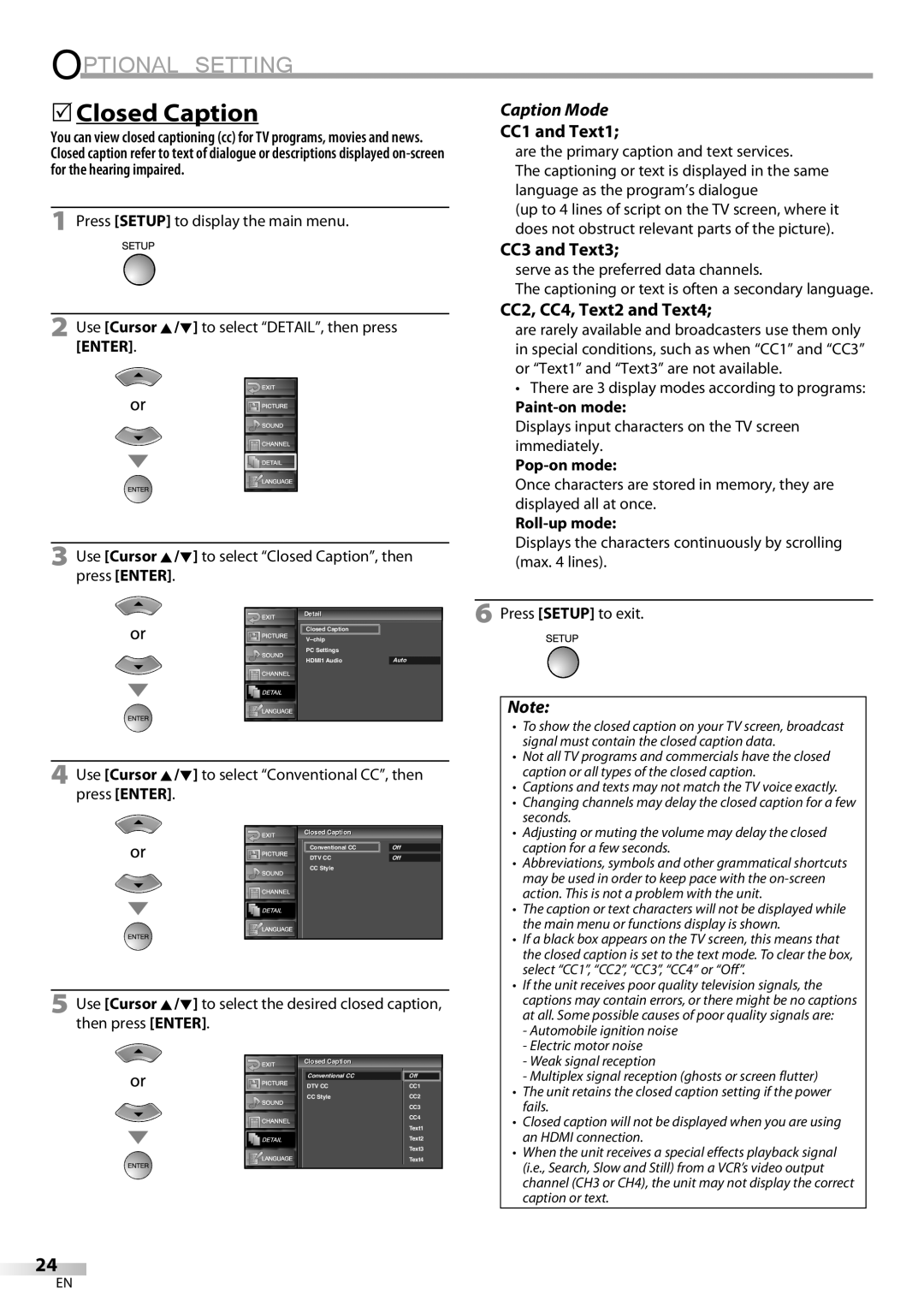 FUNAI LC225SL9 owner manual 5Closed Caption, Caption Mode, CC1 and Text1, CC3 and Text3, CC2, CC4, Text2 and Text4 