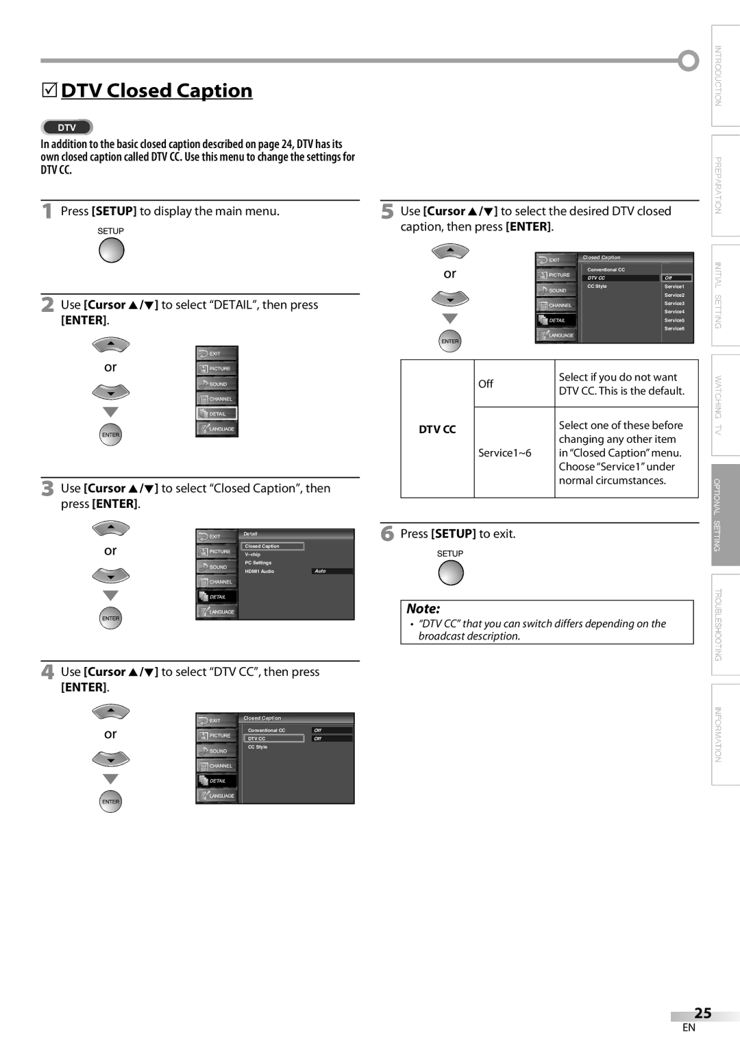 FUNAI LC225SL9 owner manual 5DTV Closed Caption, Dtv Cc, Use Cursor K/L to select DTV CC, then press Enter 