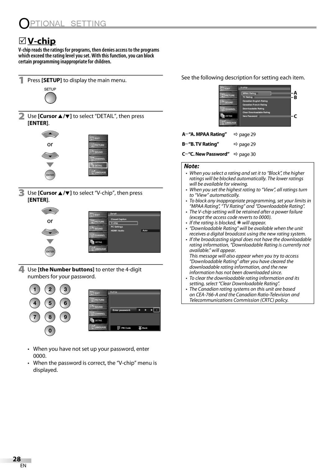 FUNAI LC225SL9 Use Cursor K/L to select V-chip, then press Enter, New Password Dpage, Chip ip, Enter password 